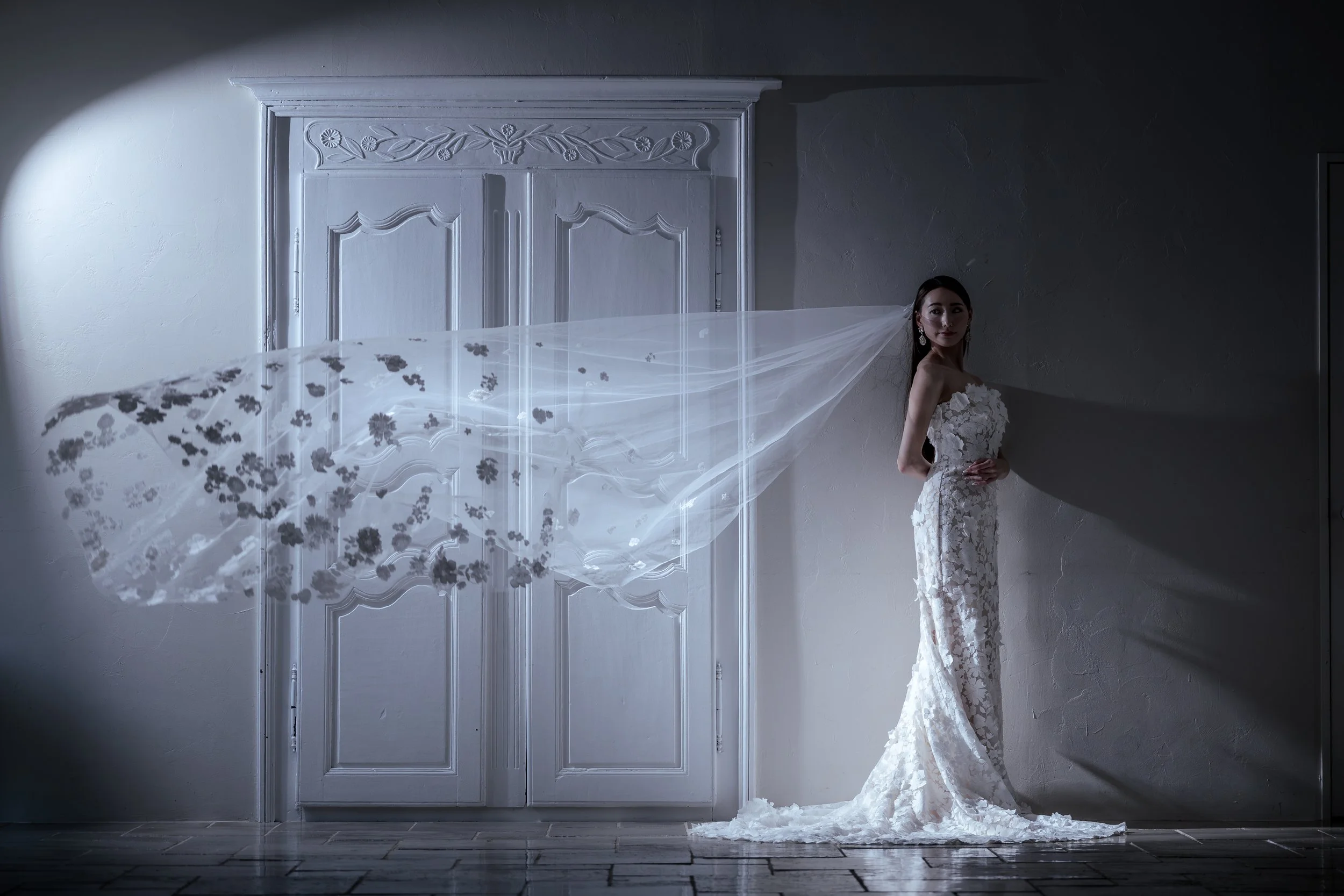 白いレースのドレスを着た女性が壁の前に立っている。背景には白い扉があり、ドラマチックな照明と長いシルクのヴェールが広がる。」}}