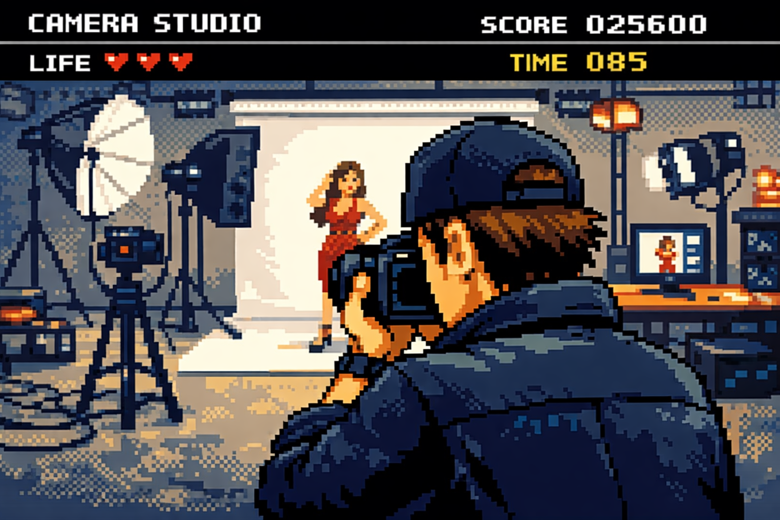 写真はスタジオで撮影されている映像制作の様子で、女性モデルが赤いドレスを着てポーズを取っている。背景には照明やカメラ機材が配置されている。