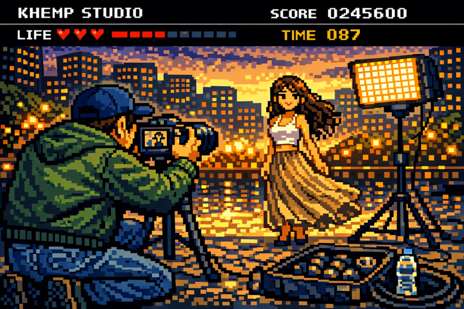 夕焼けの背景の屋上で、女性がモデルとしてポーズをとり、カメラマンが撮影しているピクセルアートスタイルの画像。