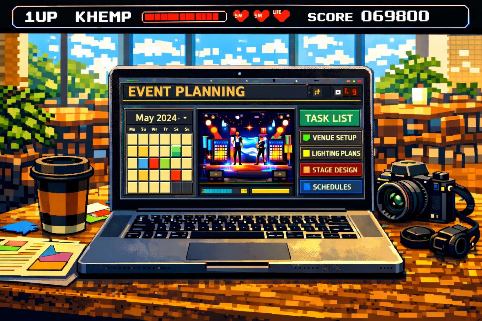 ピクセルアートスタイルのデスクトップに設置されたノートパソコン、その画面にはイベント企画のスケジュールとステージデザインを管理する画面が表示されている。右側にはカメラとヘッドフォン、左側にはコーヒーカップと資料やカラフルなメモ帳が置かれている。背景はビルの窓越しの青空と緑の樹木。