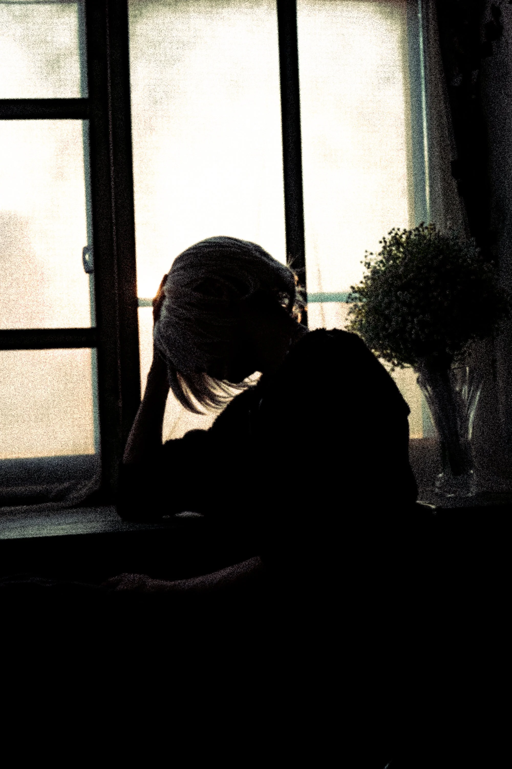 シルエットの女性が窓辺でポーズをとり、後ろに観葉植物が置かれている。