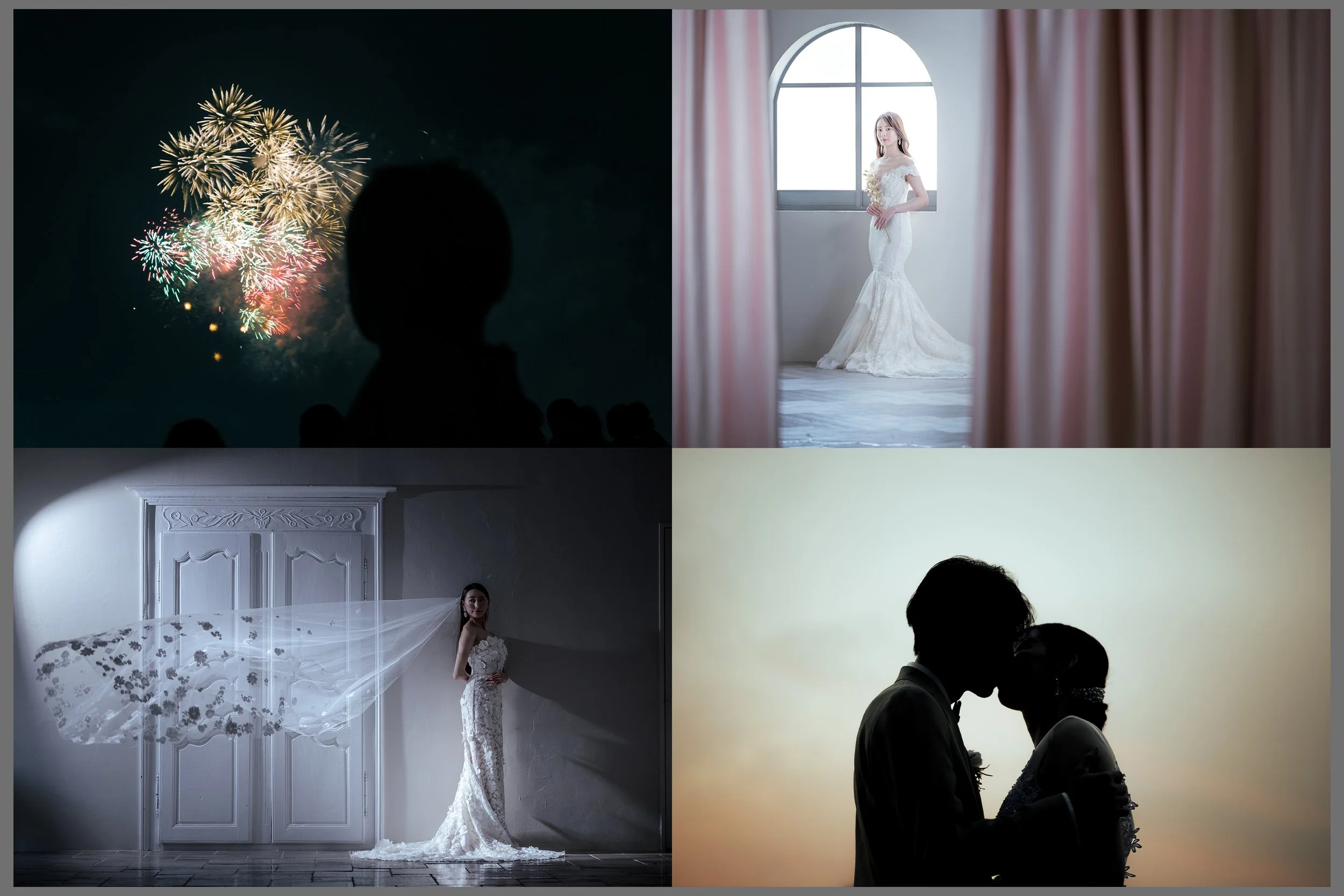 4つの結婚式の写真：花火を見る新郎新婦、窓辺の花嫁、白い部屋の花嫁、シルエットの夫婦キス