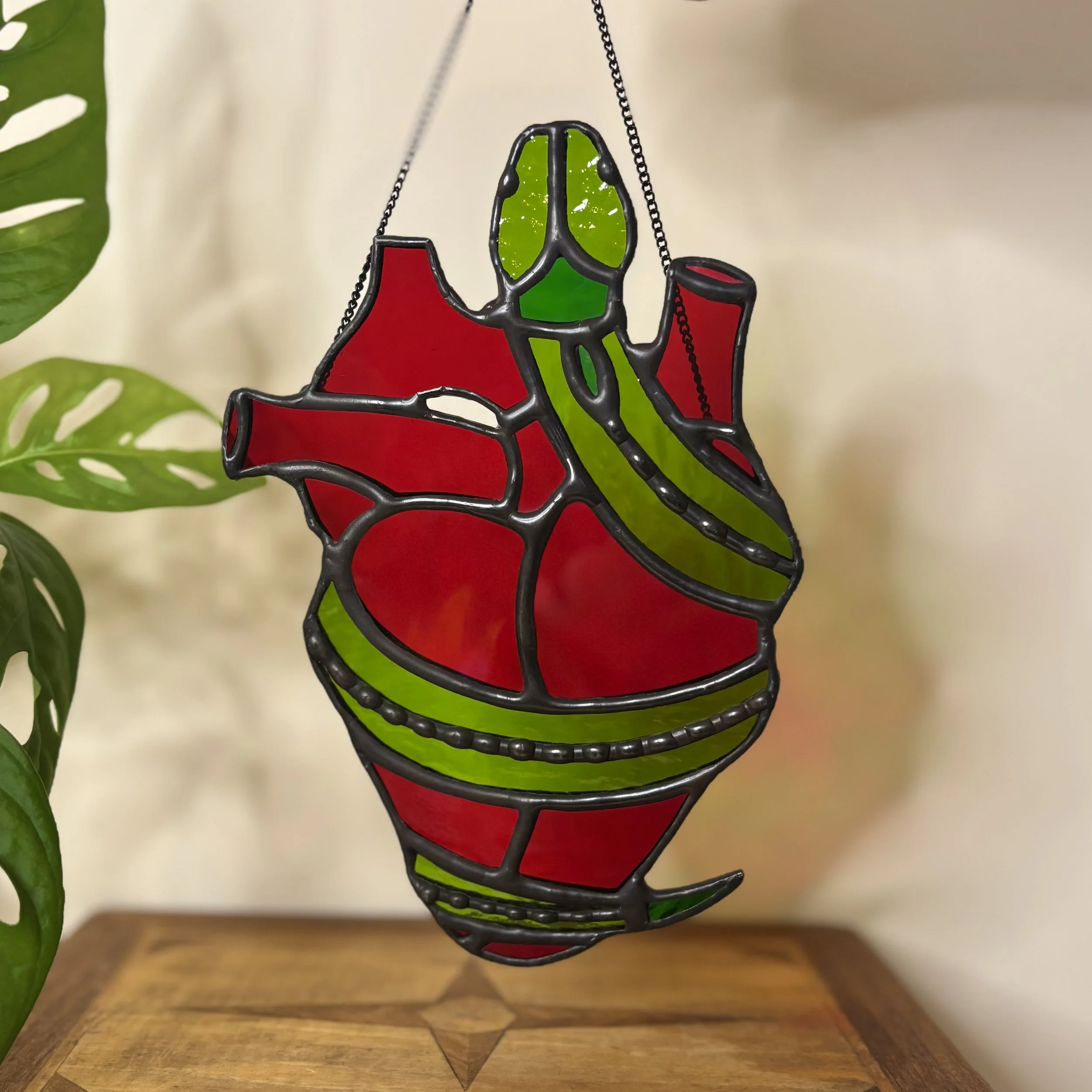 Handmade Stained Glass Snake Around Anatomical Heart Art