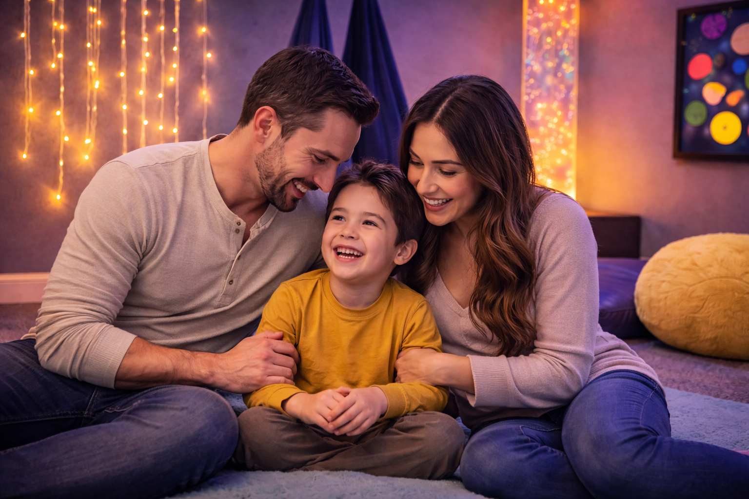 A happy family consisting of a father, mother, and their young son, sitting on the floor in a cozy room decorated with string lights and colorful artwork, sharing a joyful moment.