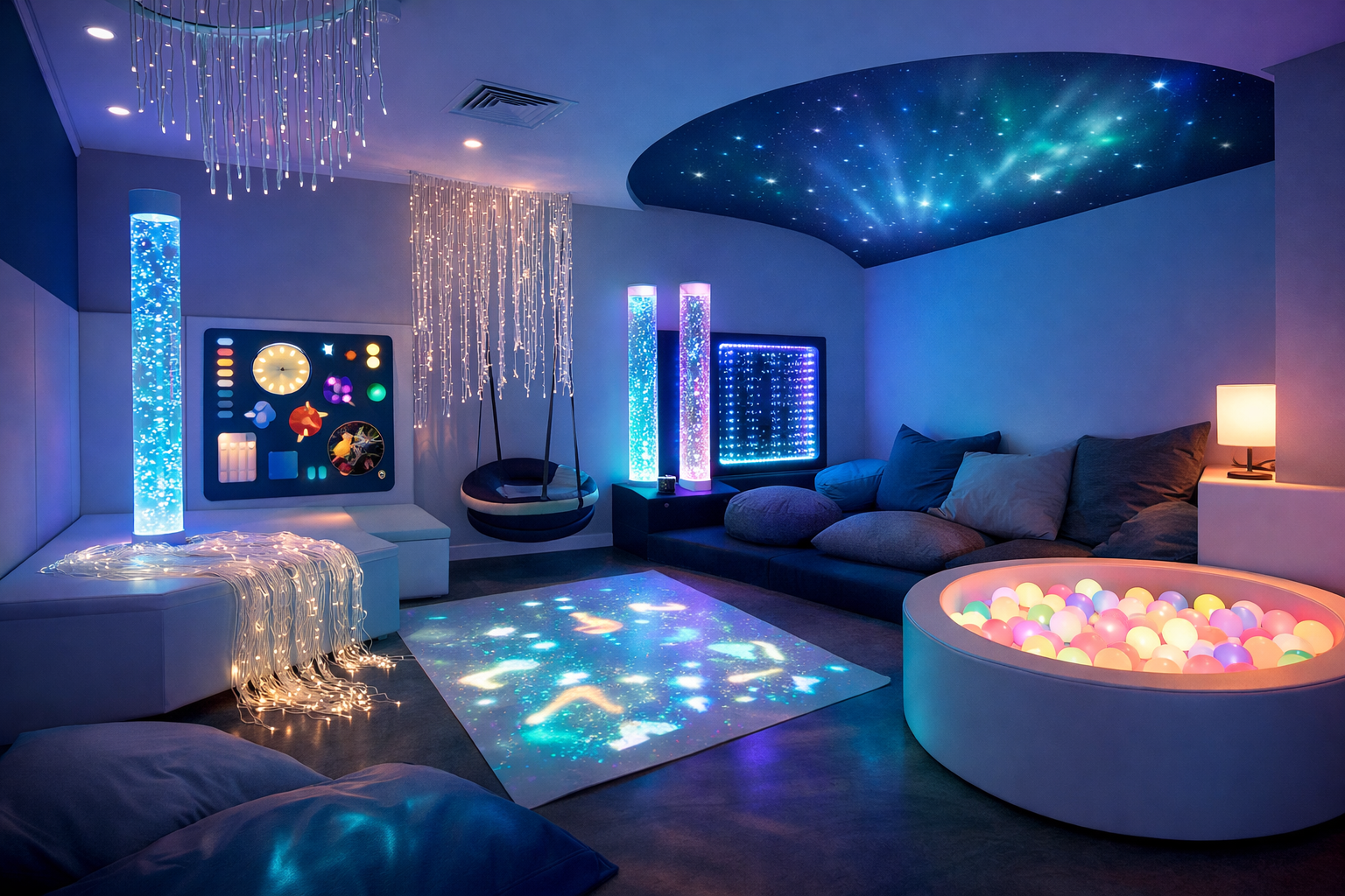 A futuristic, space-themed room illuminated with multicolored LED lights, starry ceiling projections, and a ball pit filled with glowing pastel-colored balls, creating a cosmic atmosphere.