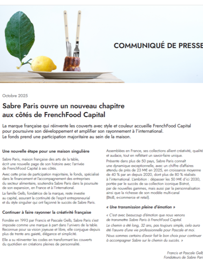 COMMUNIQUÉ DE PRESSE — Art de la table : 
Sabre Paris.