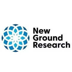 Logo of New Ground Research featuring a blue geometric globe with interconnected lines and the company name in black text.