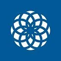 Blue circular logo with overlapping geometric shapes