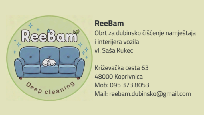 Posjetnica ReeBam obrta za dubinsko čišćenje namještaja i unutrašnjosti vozila u Koprivnici