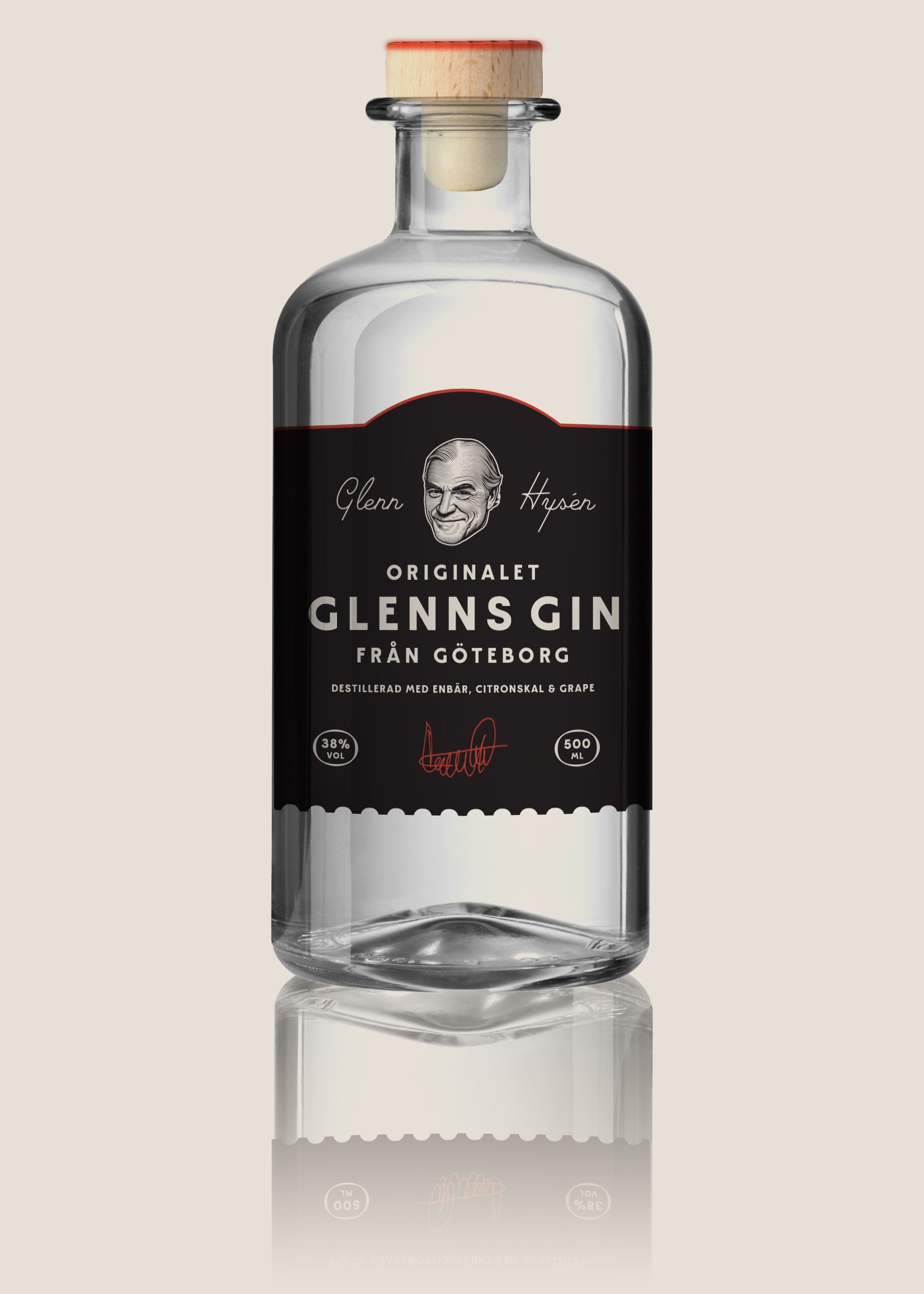 A clear glass bottle of Glenn's Gin with a black label featuring a caricature of Glenn from Gothenburg, Sweden. The label indicates the gin is distilled with raspberry, lemon, and grape, contains 38% alcohol, and has a capacity of 500 ml.