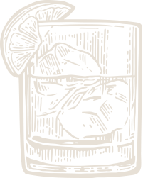 A black and white line drawing of a glass filled with a drink, garnished with a lemon wedge.