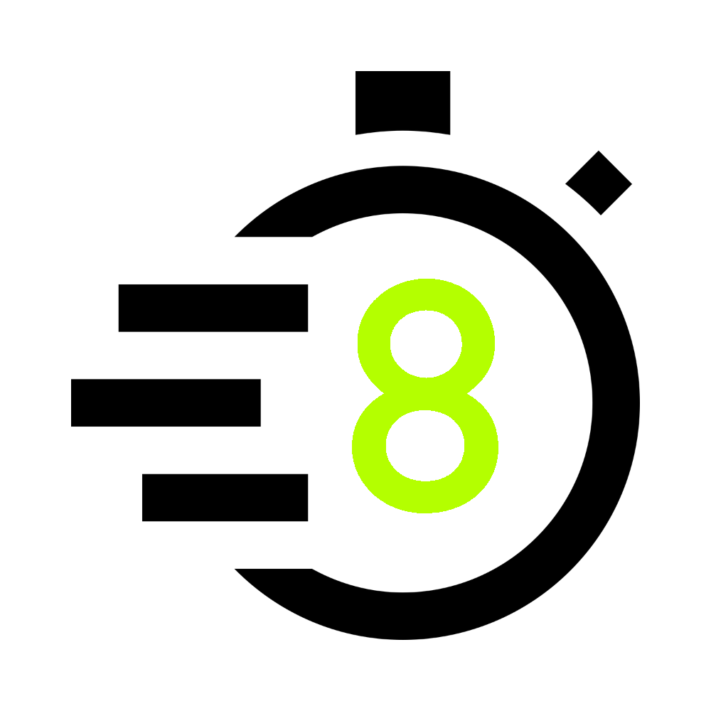 A black circuit board with a neon green number 8 printed on it, and a few green circuit traces along the edges.