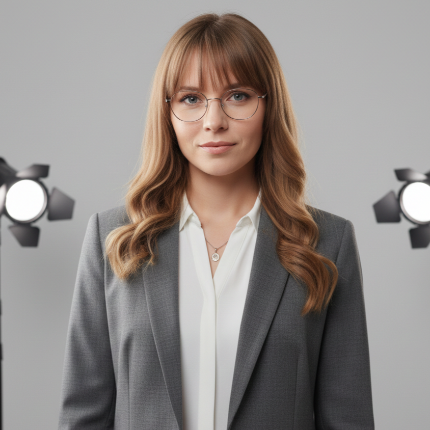 A professional woman with long wavy hair, wearing glasses, a white blouse, and a gray blazer, standing in front of a gray background with studio lights.