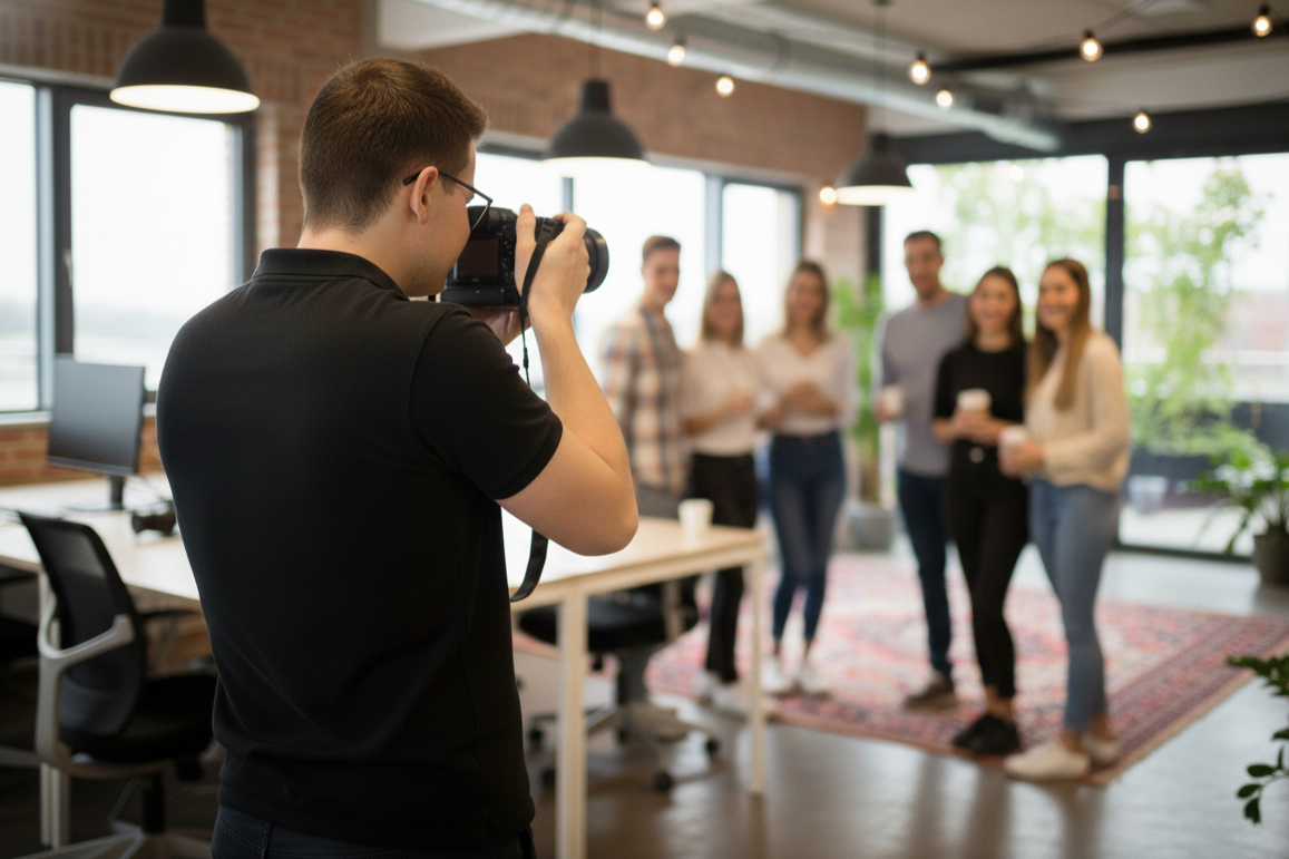 A person taking a group photo of five people in an office with brick walls, large windows, and hanging lights.