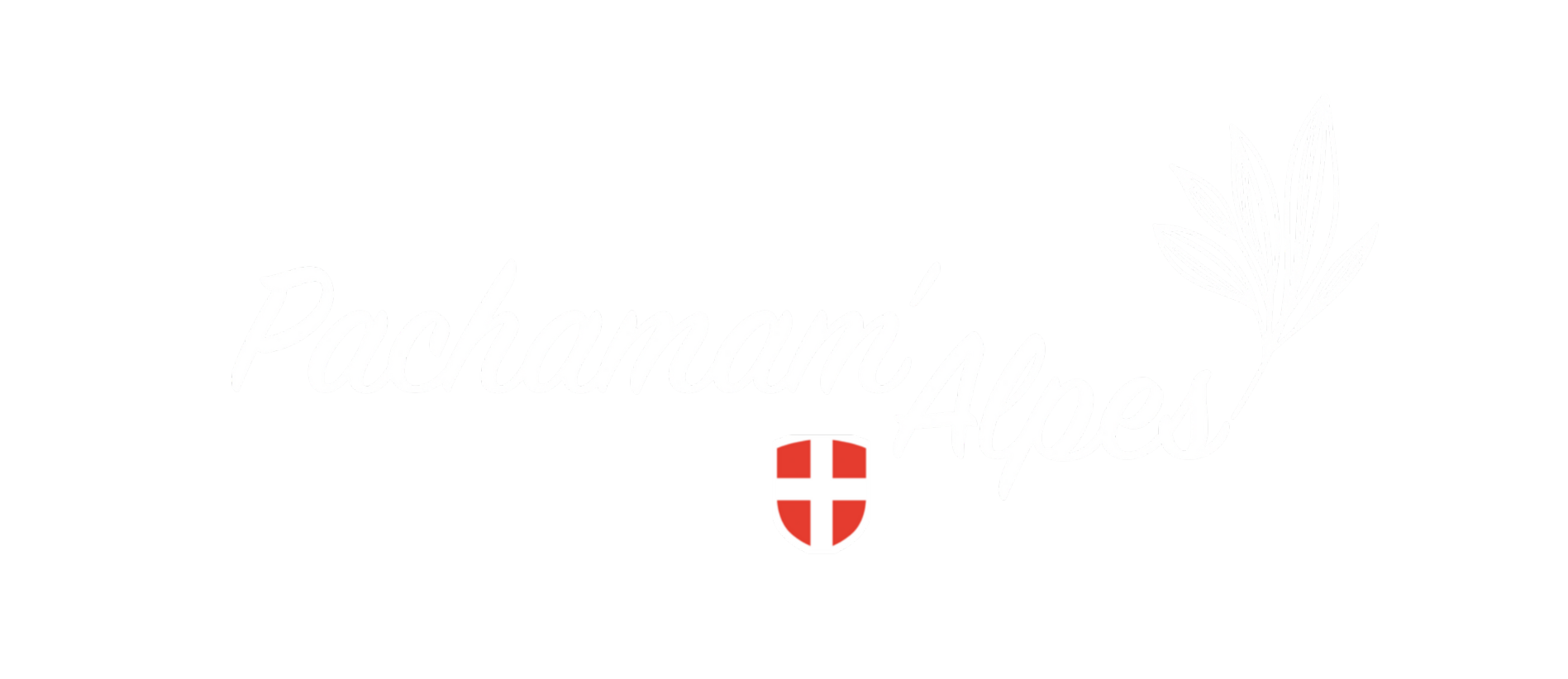 Logo noir avec le texte "Pachamamá Alpes" en blanc cursif, une branche blanche stylisée à droite, et un écusson avec une croix rouge sur fond blanc en dessous du texte.