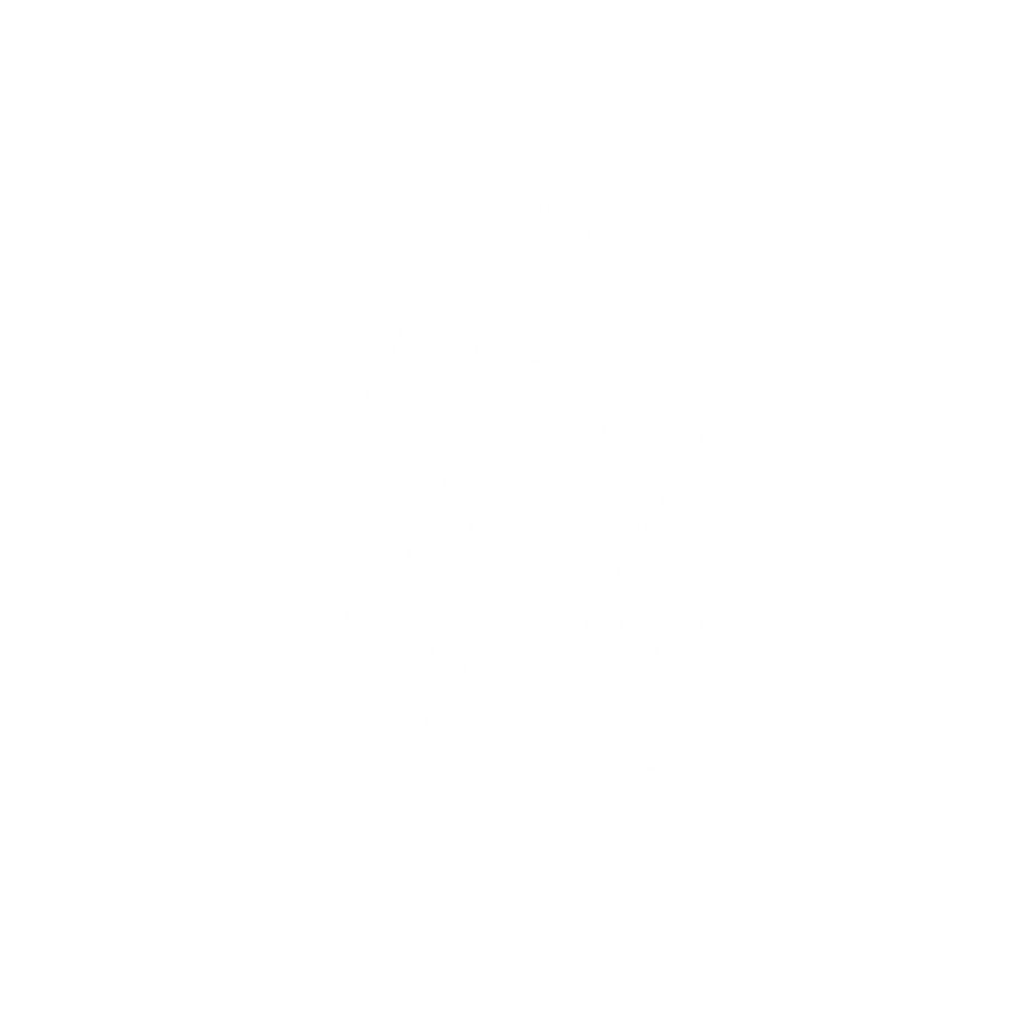 Icône blanche d'une déesse hindoue assise sur un lotus, avec plusieurs bras tenant des objets, sur fond noir.