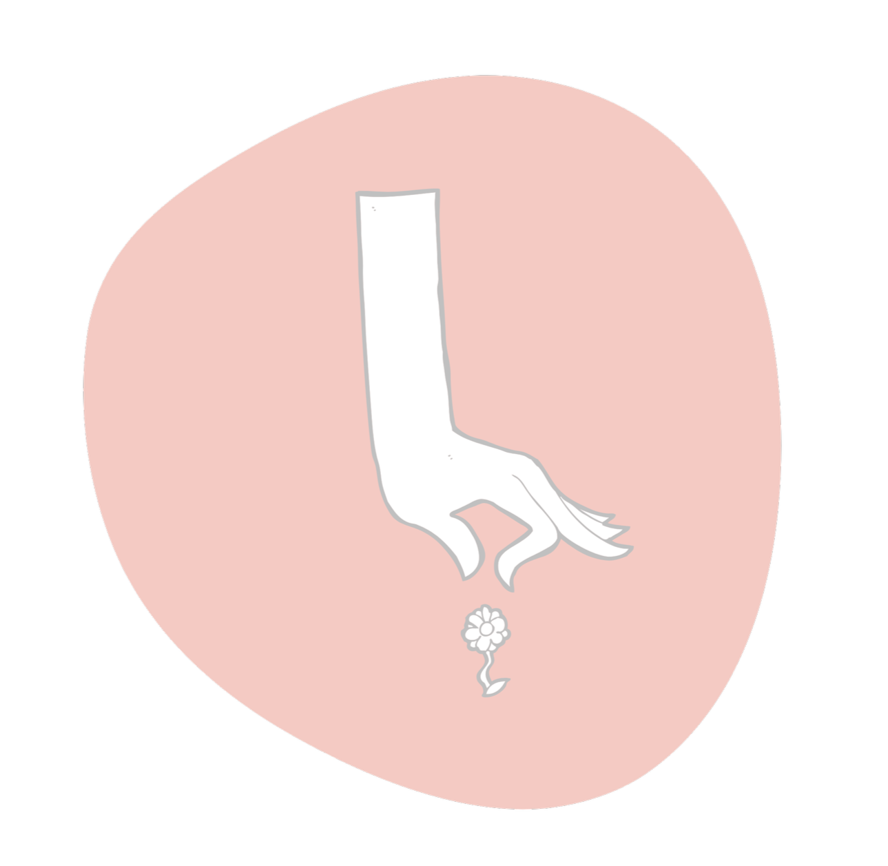 Illustration d'un bras humain avec une main tenant une petite fleur dans une zone rose