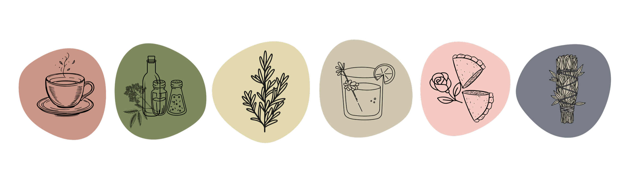 Illustration de divers éléments de cuisine et de plantes, incluant une tasse, des bocaux, des feuilles de lavande, un verre à cocktail, une rose, et un bouquet de lavande.