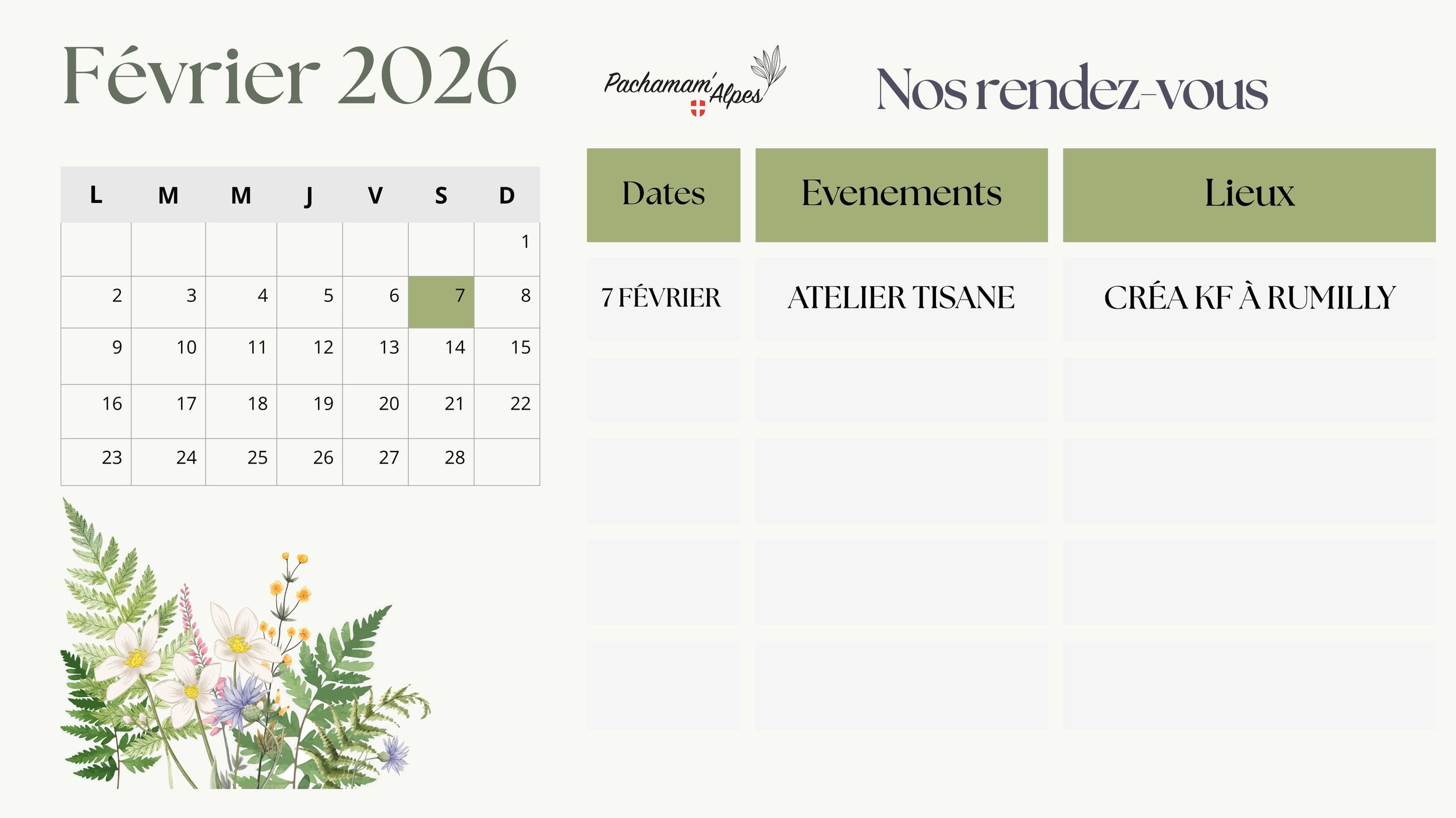 Calendrier de février 2026 avec un atelier de tisane prévu le 7 février à Rumilly