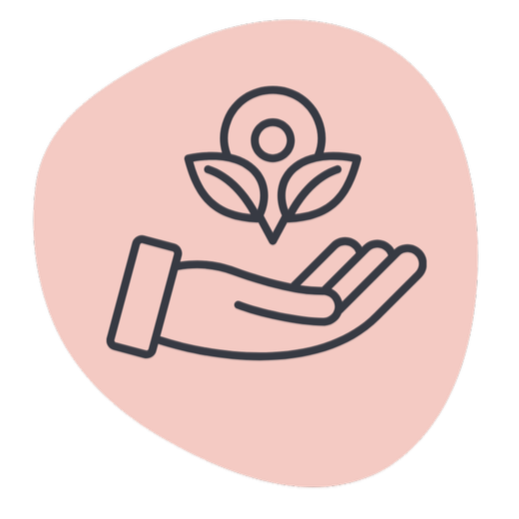 Une main tenant une plante stylisée avec une personne ou un symbole au-dessus, dans un cercle rose clair.