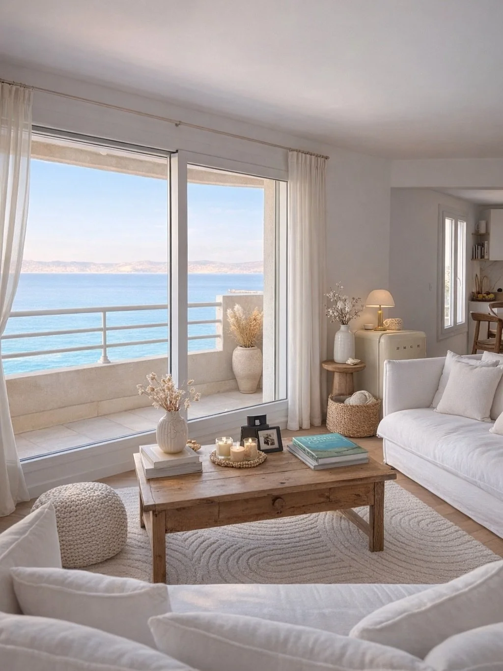 Projet Kennedy - r&eacute;novation compl&egrave;te d&rsquo;un appartement face &agrave; la mer, baign&eacute; de lumi&egrave;re. Ici pas de fioriture : des lignes &eacute;pur&eacute;es, des couleurs douces et naturelles pour laisser toute la place &a