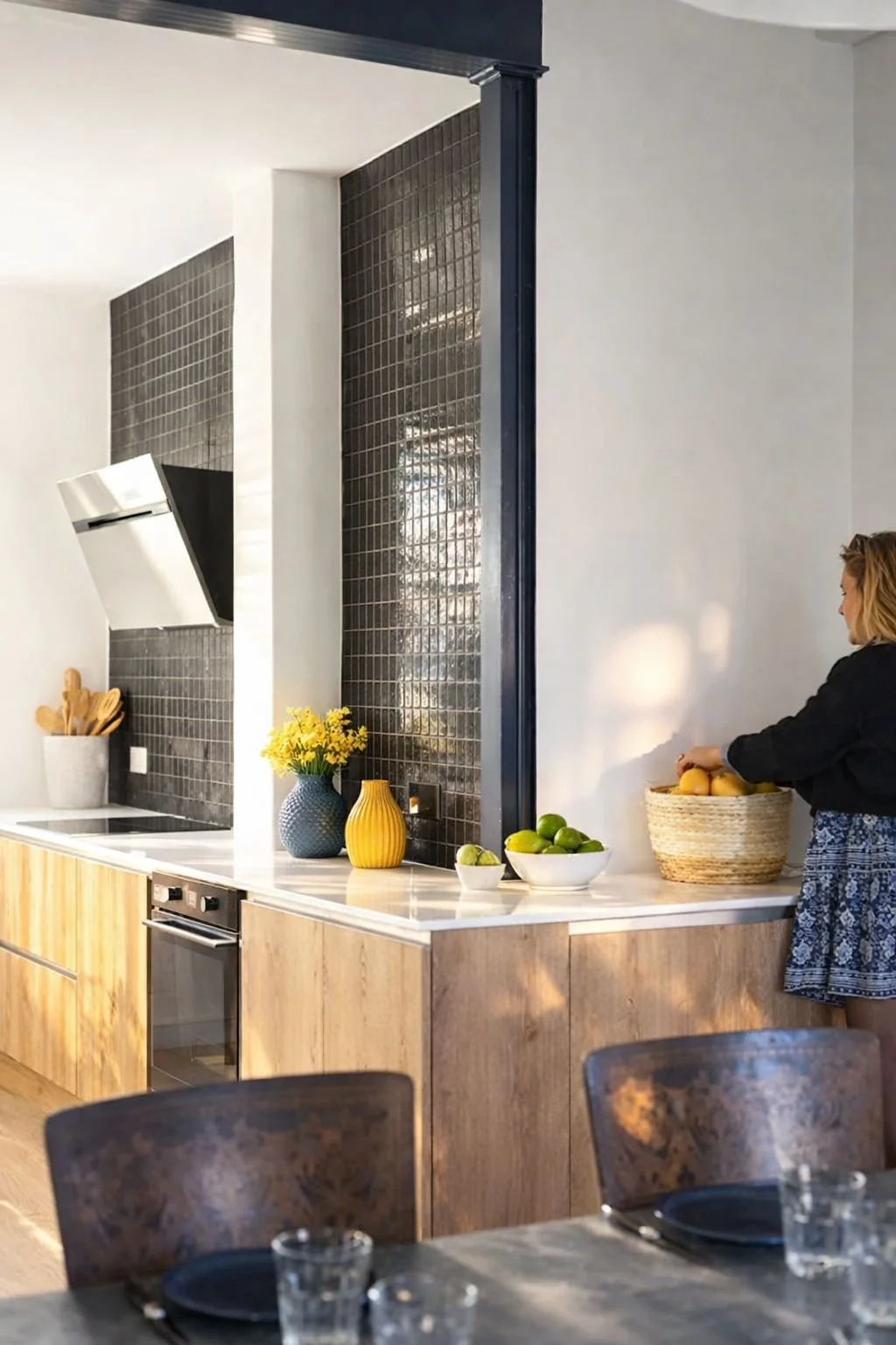 Cuisine moderne avec un comptoir en bois, des vases jaunes et bleus, un panier de fruits verts, une personne préparant des fruits jaunes, mur noir en carreaux, hotte cheminée, appareils électroménagers intégrés, table dans le premier plan avec des assiettes et des verres.