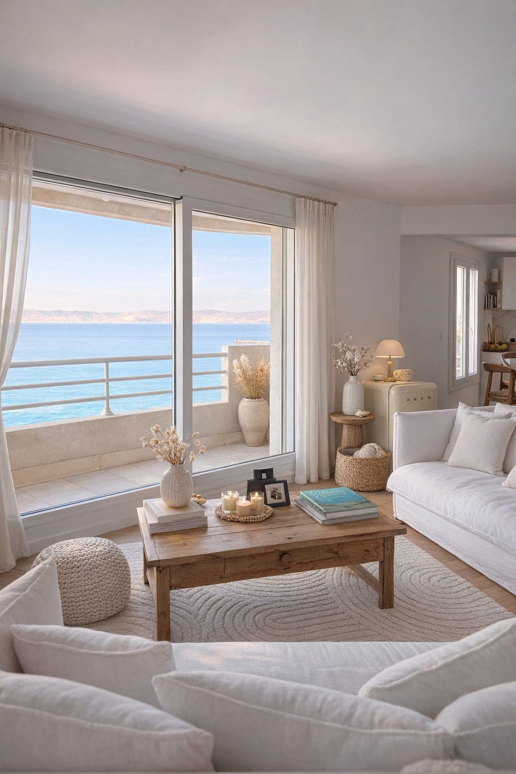 Salon lumineux avec vue sur la mer, meubles en bois clair, décor épuré avec des vases et des bougies sur la table en bois, et rideaux blancs