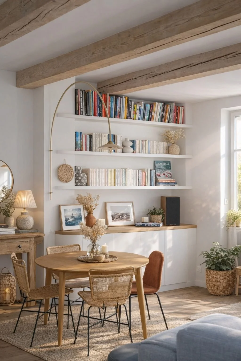 Une salle à manger lumineuse avec un mur blanc, des étagères remplies de livres, un tapis en fibres naturelles, une table ronde en bois avec des chaises en rotin, une console en bois avec des cadres, plantes et objets décoratifs, et une grande fenêtre laissant entrer la lumière naturelle.