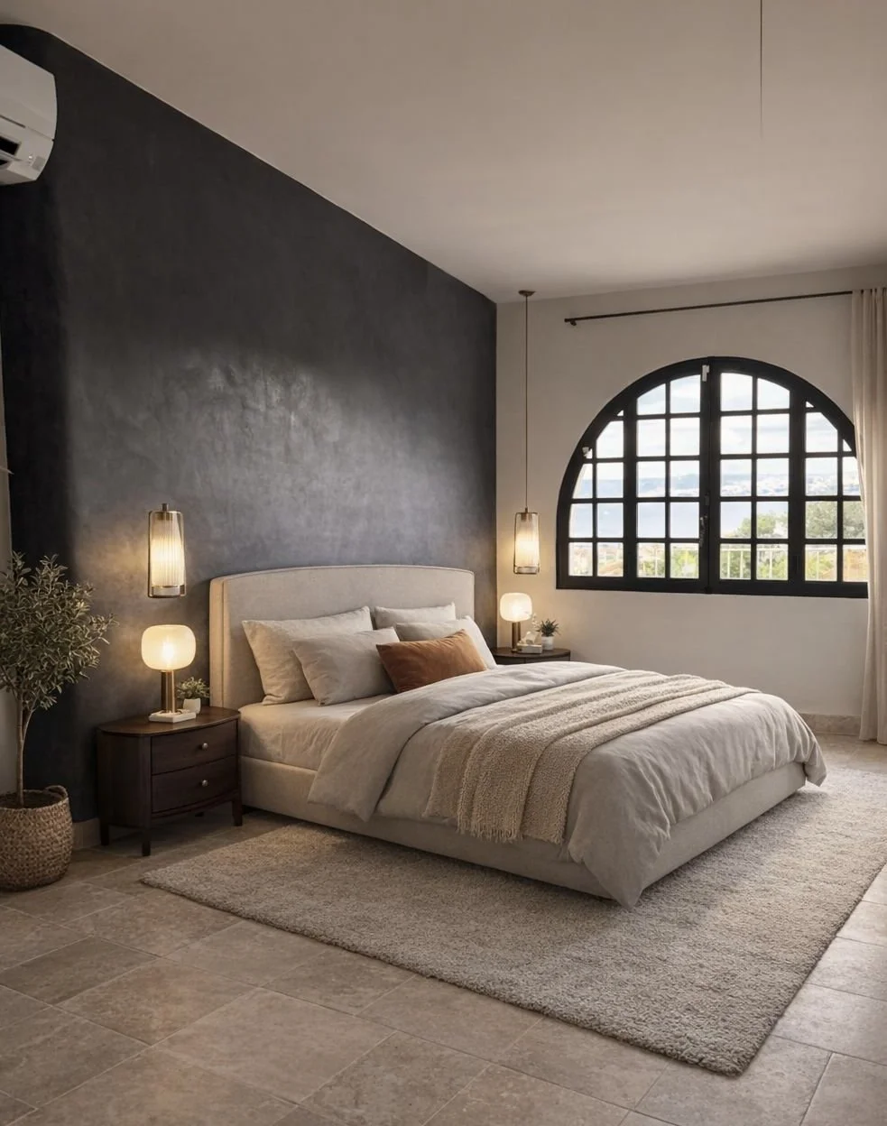 Chambre moderne avec un grand lit à tête rembourrée, lampes de chevet, grandes fenêtres arquées, murs blanc et gris, tapis beige, plantes d'intérieur et une ambiance chaleureuse.