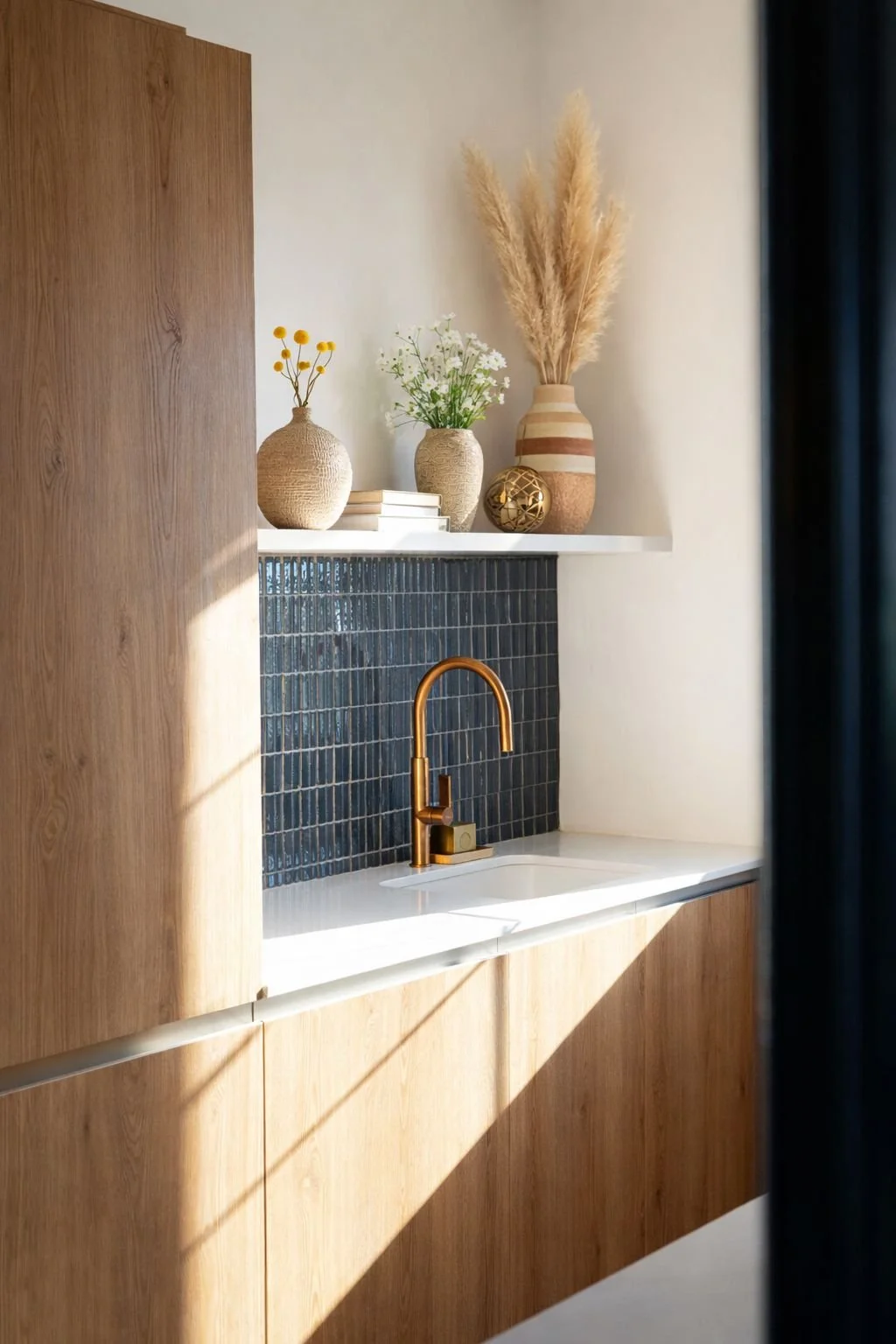 Une cuisine moderne avec un évier en blanc, un robinet en or, un backsplash en carreaux noirs, des armoires en bois clair, et une étagère avec des vases en céramique contenant des fleurs et des pampas