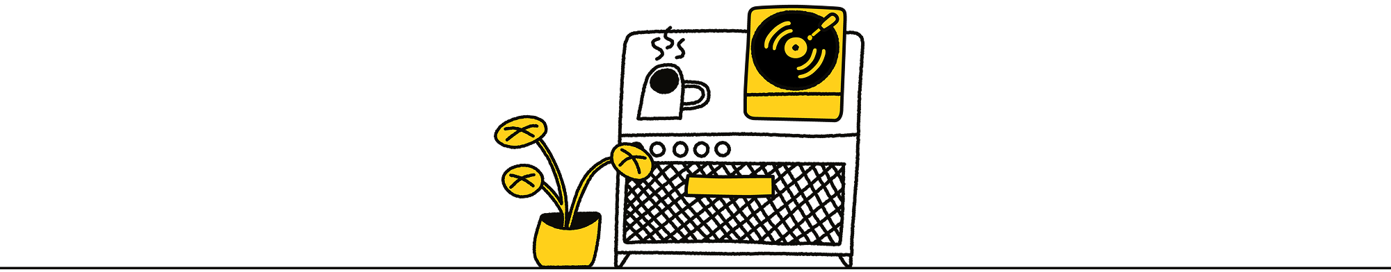 Süße Illustration einer Kaffeetasse und eines Schallplattenspielers auf einem Verstärker mit einer Pflanze daneben.