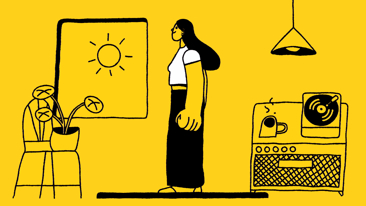 Süße illustrierte Animation einer Frau, die morgens zu Hause Kniebeugen macht. Neben ihr steht eine Tasse Kaffee und im Hintergrund läuft ein Schallplattenspieler.