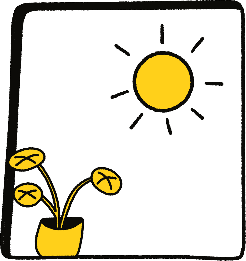 Süße Illustration einer Topfpflanze auf der Fensterbank mit Sonnenschein von draußen.