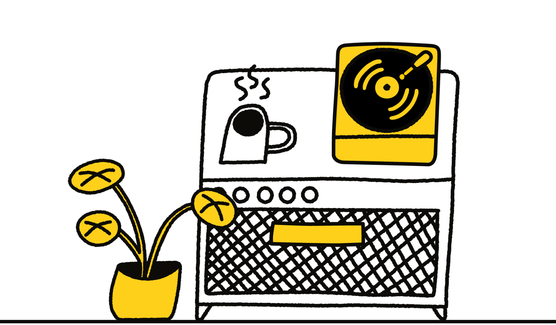 Süße Illustration einer Kaffeetasse und eines Schallplattenspielers auf einem Verstärker mit einer Pflanze daneben.