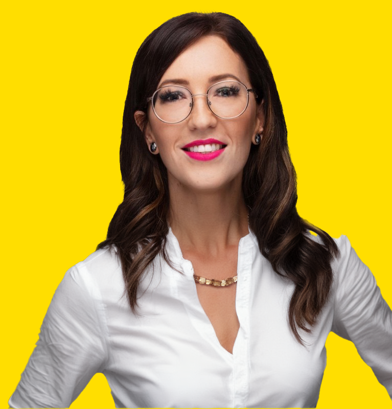 A woman with brown hair, wearing glasses, a white shirt, and pink lipstick, smiling against a yellow background.