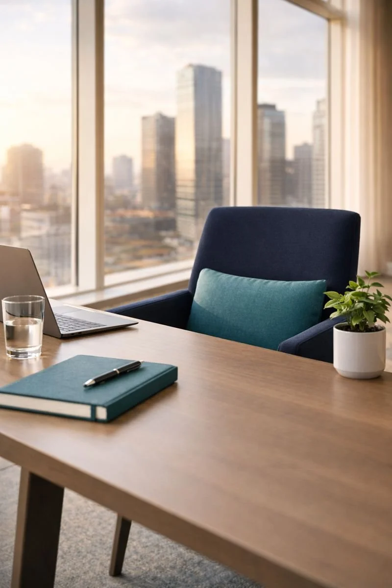 An office with a wooden desk, a closed laptop, a glass of water, a closed notebook with a pen, a potted plant, a dark blue office chair with a blue cushion, and large windows showing a city skyline in the background.
