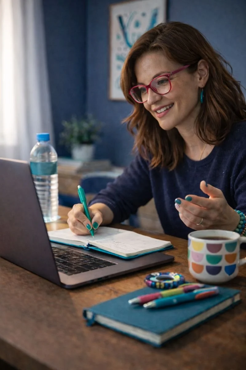 A woman with red hair and glasses is sitting at a desk, smiling, while writing in a notebook near a laptop. The desk has a water bottle, a colorful mug, pencils, and a closed notebook. The background includes a blue wall with a framed art piece and some plants.