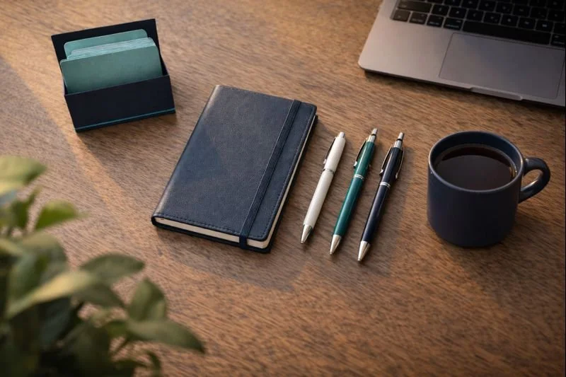 A wooden desk with a closed navy blue notebook, three pens, a dark blue mug filled with black coffee, a small desk organizer with sticky notes, and the corner of a silver laptop.