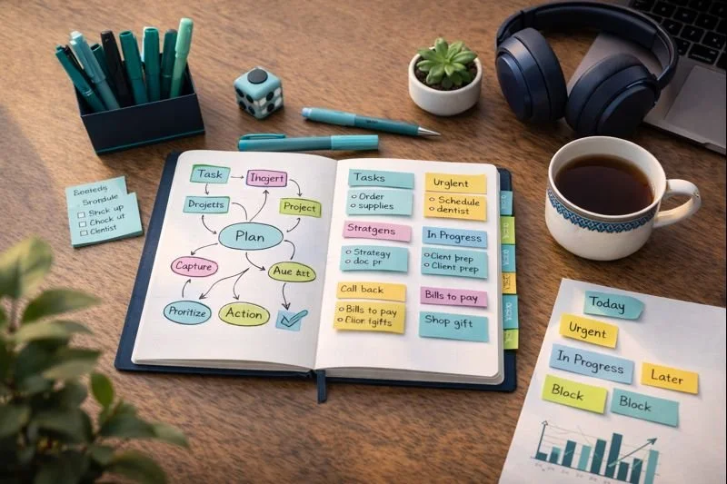 Open planner on a desk filled with colorful sticky notes, pens, dice, a cup of coffee, headphones, a laptop, and a sheet of paper with a bar graph.