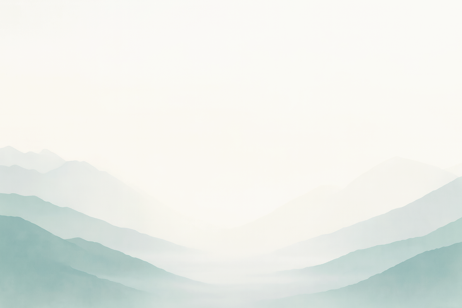 Minimalist mountain landscape with layers of soft blue-green mountains fading into the distance under a bright, clear sky.