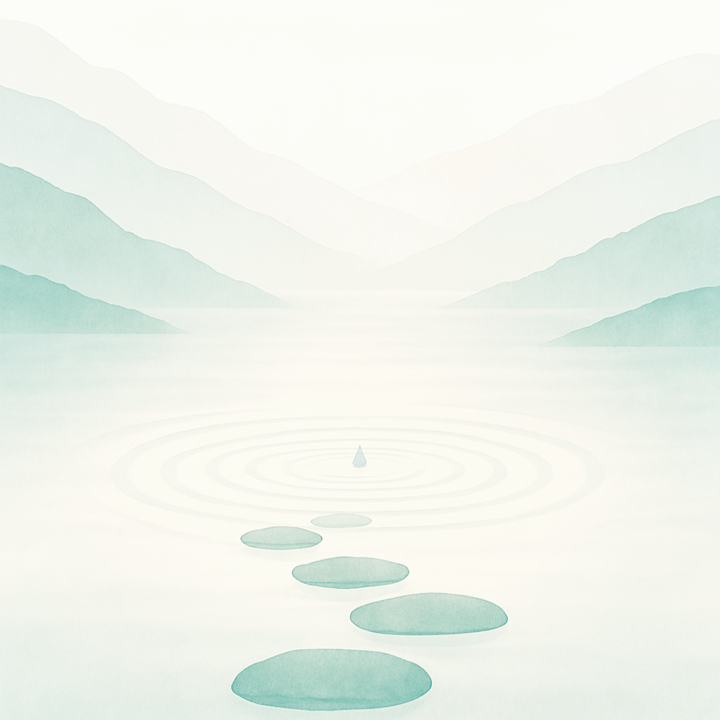 Minimalist watercolor landscape of a lake with stepping stones and mountains in the background, with water drop ripples on the water.