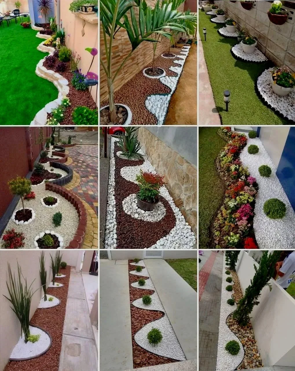 Collage of nine images showcasing different garden landscaping designs with decorative plants, gravel, and colorful flower arrangements.