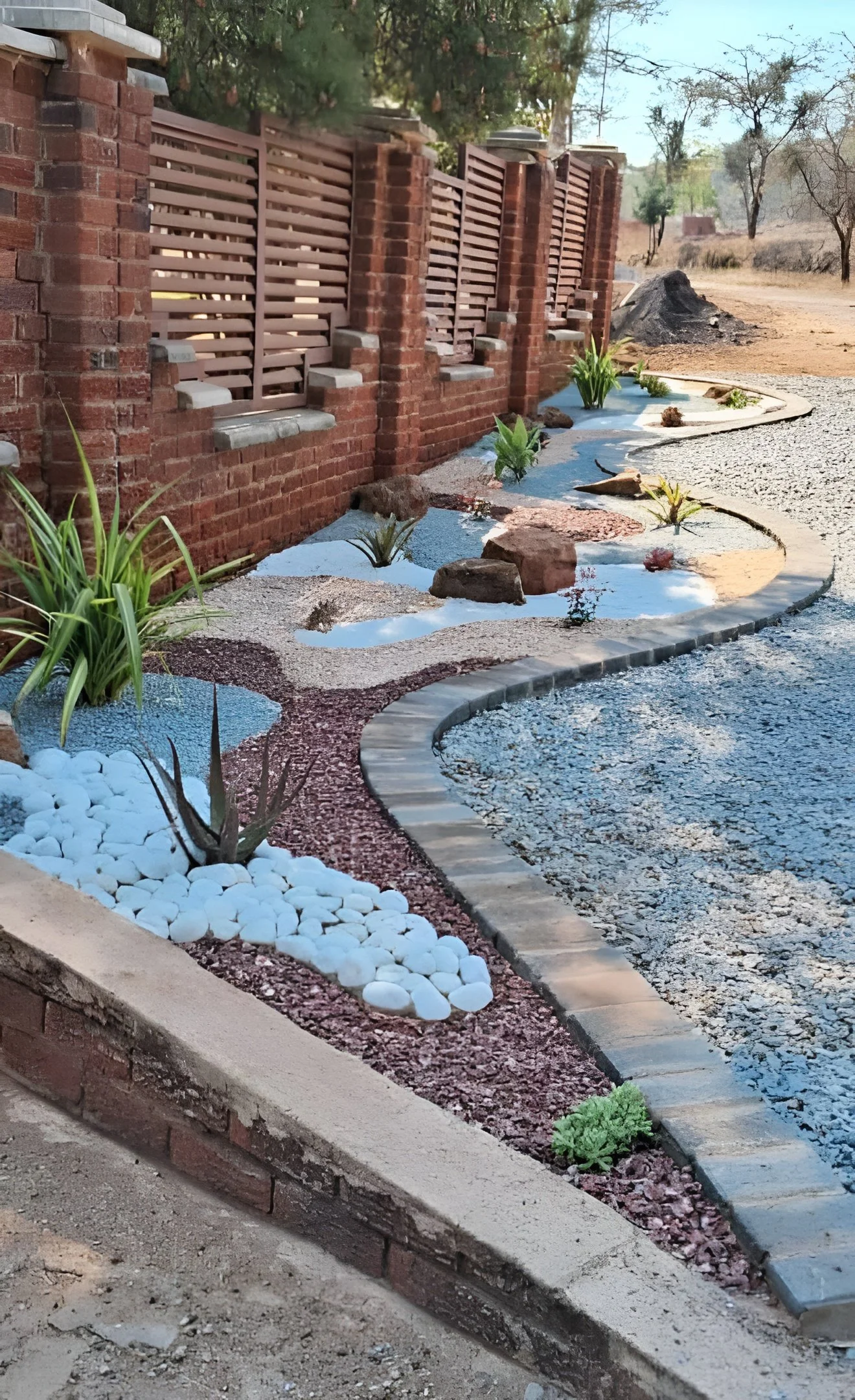 A decorative garden path with rocks, gravel, plants, and white stones, bordered by a brick wall and a gravel driveway.