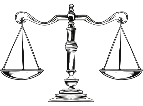 Black and white illustration of a balanced scale.