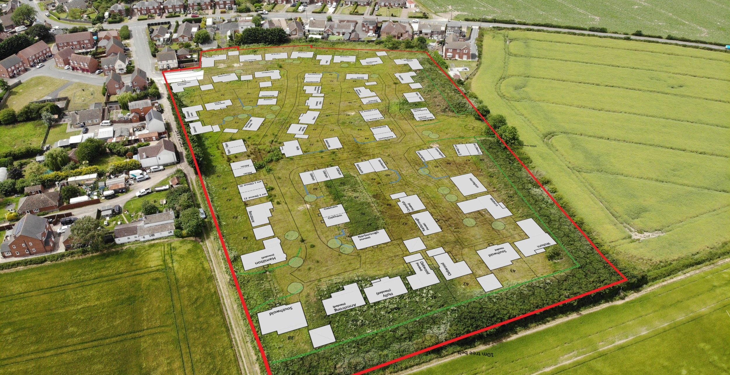 Aerial view of a housing development plan with houses and streets overlayed on an open field, surrounded by residential houses and green fields.