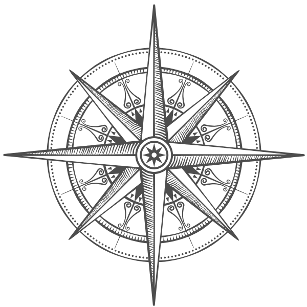 A detailed black and gray compass rose with North, South, East, and West directions marked by large points, and intricate decorative patterns inside.
