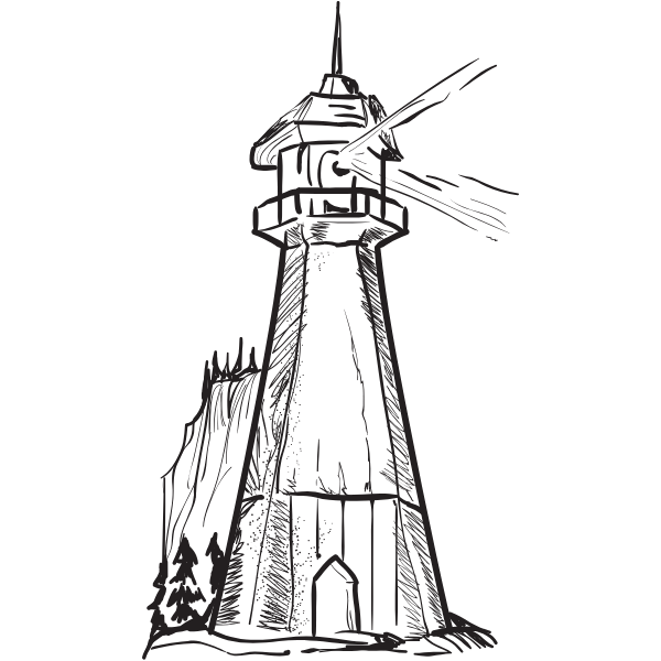 A black and white sketch of a lighthouse with a beacon at the top, standing on a rocky shoreline with trees nearby.