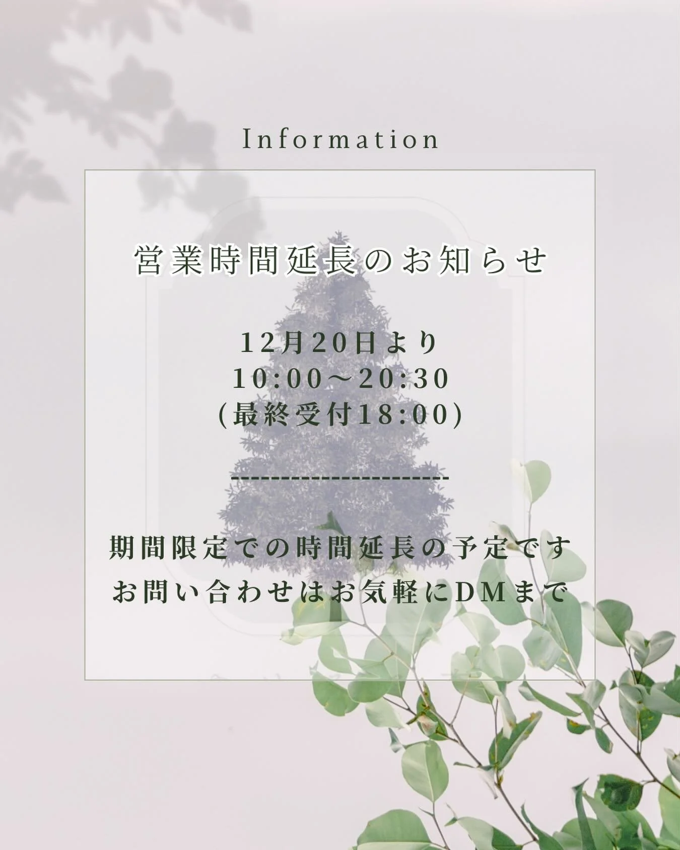 【営業時間延長のお知らせ】
期間限定で営業時間を延長しております。
10:00〜20:30(最終受付18:00)
お問い合わせはお気軽にDMまで🌿

#年内ご予約受付中#今年も頑張ったご褒美に
#ゆったりとした時間#年内のメンテナンス#少し立ち止まる時間を