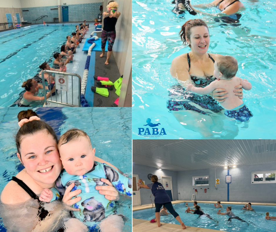 Scenes from a swimming lesson at PABA, featuring children and adults practicing water safety, swimming techniques, and instructor-led activities in an indoor pool.
