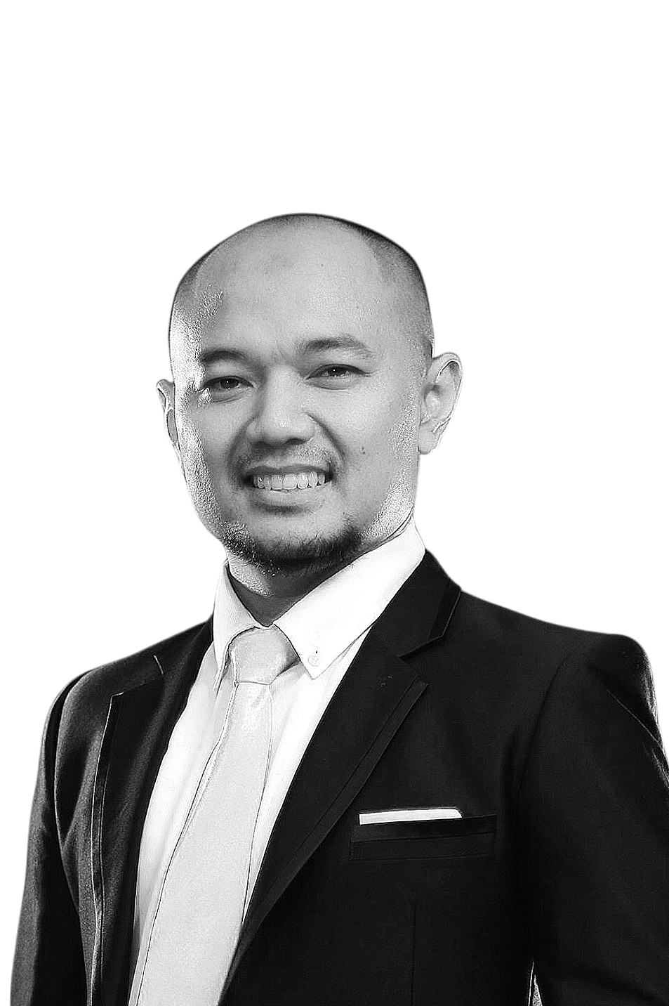 Black and white professional portrait of a smiling man in a suit and tie, with a bald head and goatee.